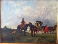 John Lewis Brown (French/Scottish ancestry, 1829-1892), signed landscape with figures, horses, dogs. Oil on board, 18 x 22in., est. $13,500-$27,000. Government Auction image.