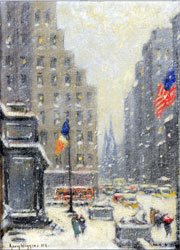 Guy Carleton Wiggins (American, 1883-1962), ‘New York Library in Storm,’ signed lower left, 12 x 16 in. sight, 20 x 16 in. in signed Fredrix NY frame. Est. $5,000-$10,000. Nest Egg Auctions photo.
