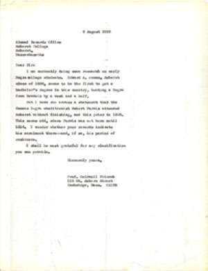 File copy of Dr. Caldwell Titcomb’s 1966 letter to Amherst College inquiring about the dates during which “famous Negro abolitionist Robert Purvis” may have been a student there. Archive of Dr. Caldwell Titcomb. Tonya A. Cameron Auctioneers image.