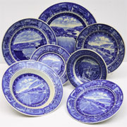 Selection of blue and white historical-pattern china used in dining cars on the B&O (Baltimore & Ohio) line. A&S image.