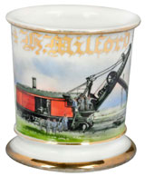 Antique occupational shaving mug with image of railway steam shovel, est. $2,000-$2,500. Morphy Auctions image.