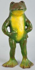 Cast-iron Standing Frog doorstop, 14 inches, est. $3,500-$5,000. Morphy Auctions image.