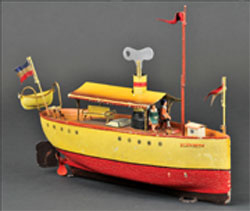 Marklin ‘Blenheim’ clockwork riverboat, Germany, 1909, 13 in. long, est. $8,000-$9,000. Bertoia Auctions image.