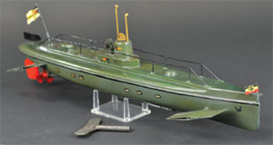 Marklin submarine, Germany, circa 1930s, 22 in. long, est. $4,000-$4,500. Bertoia Auctions image.