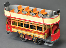 Bing clockwork double-decker trolley, Germany, lithographed tin, 9¼ in. long, est. $3,500-$4,500. Bertoia Auctions image.