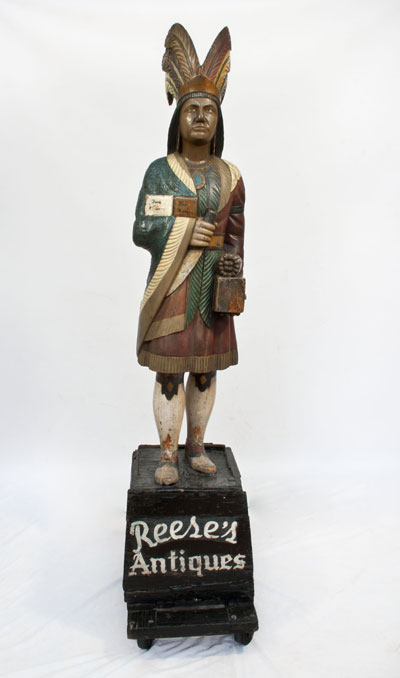 Samuel Robb 19th-century cigar store figure, 77 inches tall, the greeter at Reese’s Antiques in Philadelphia since the 1940s. Est. $40,000-$60,000. Material Culture image.