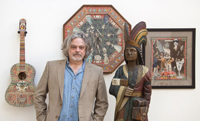 Material Culture’s founder/owner George Jevremovic with a few of his May 5 debut auction’s predicted top lots, including a 19th-century Samuel Robb cigar store figure, est. $40,000-$60,000. Material Culture image.