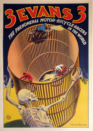 Circa-1910 linen mounted poster of skeleton holding ‘Wheel of Death’ velodrome with three riders on early motorbikes, printed by Adolph Friedlander for English market, 37½ x 28 inches. Mosby & Co. image.