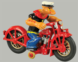 Hubley Popeye Patrol cast-iron motorcycle toy, $19,550. Bertoia Auctions image.