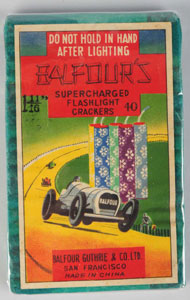 Balfour’s 40-pack firecrackers, manufactured by Balfour Guthrie & Co. Ltd., San Francisco. Mint condition. Est. $800-$1,200. Morphy Auctions image.