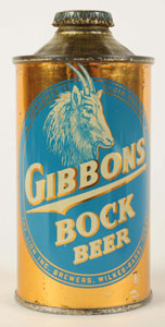 Photo caption: From the Adolph Grenke collection, an early 1940s Gibbons Bock Beer can, considered the nicer of two known examples. Morphy Auctions image.