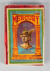 Mercury 16-pack firecrackers, manufactured by Hing Cheong Yeung Hong, Portuguese Macau. Near-mint condition. Est. $500-$1,000. Morphy Auctions image.