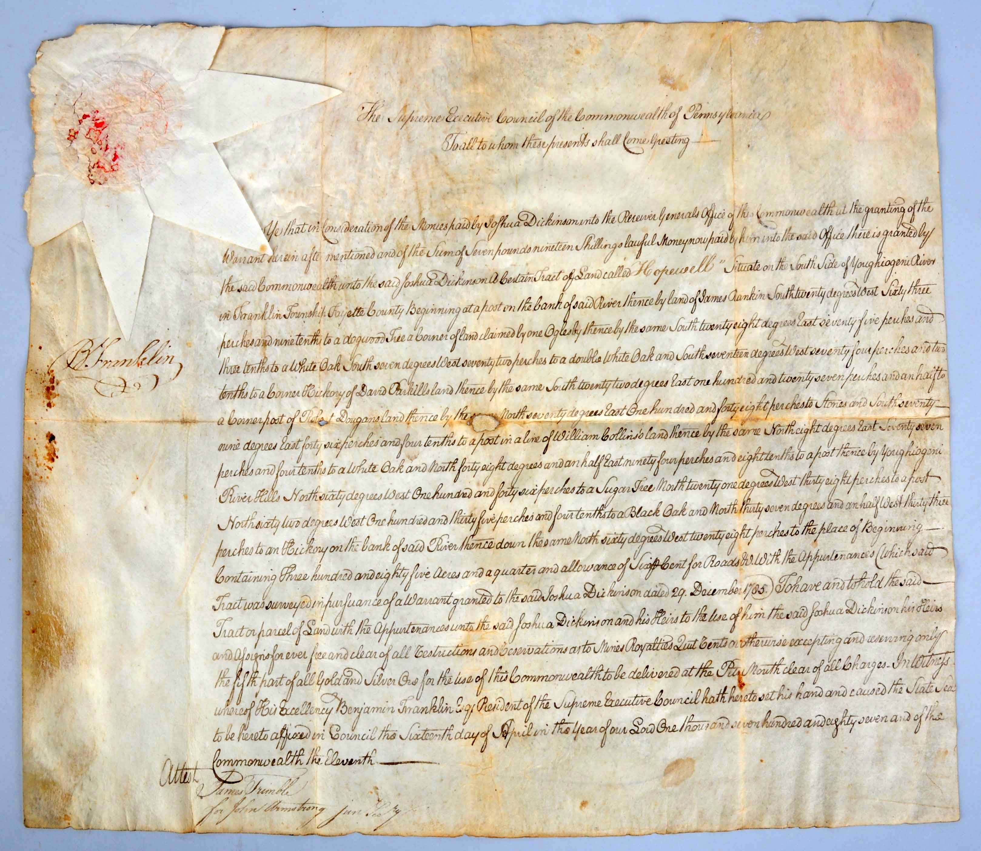 1787 land deed signed by Benjamin Franklin