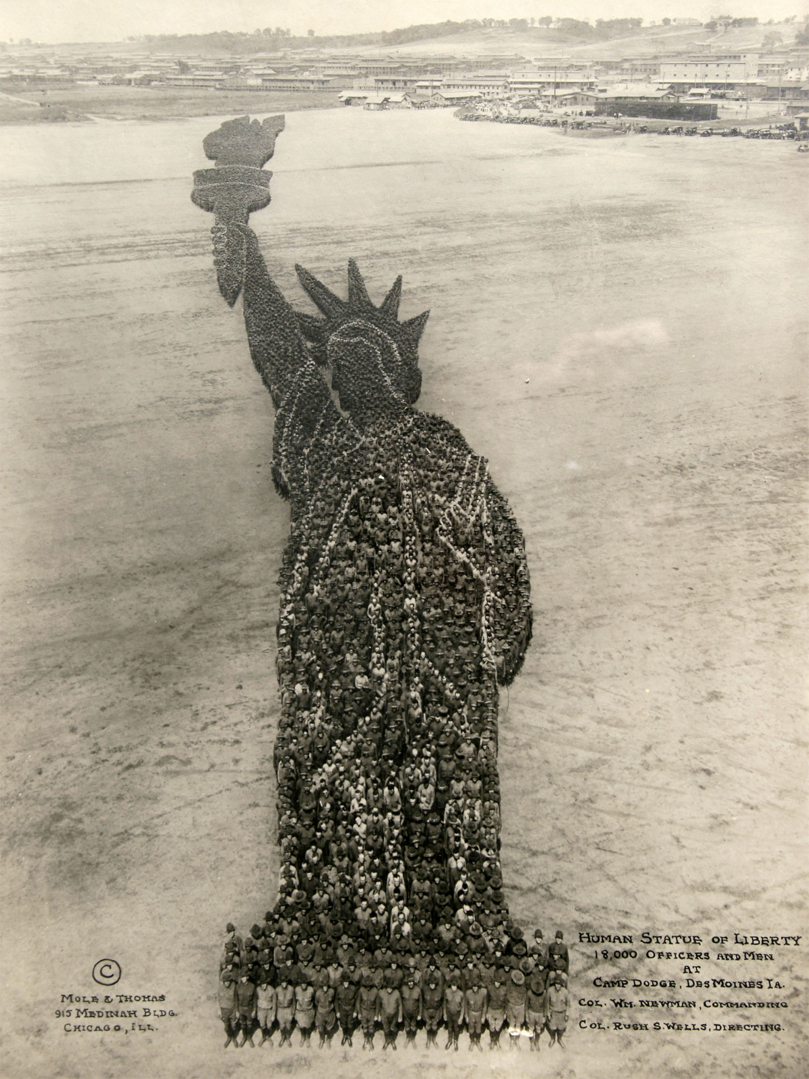 Mole & Thomas ‘Human Statue of Liberty’ photograph formed by 18,000 officers and enlisted men at Camp Dodge, Des Moines, Iowa. Ross Art Group image.