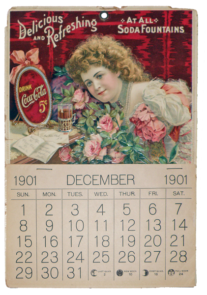 Embossed and chromolithographed 1901 Coca-Cola calendar featuring model Hilda Clark. Mosby & Co. image