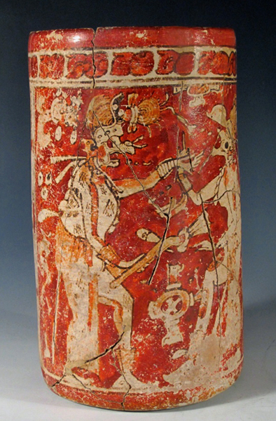 Important Mayan polychrome cylinder, est. $5,000-$10,000. Antiquities Saleroom image.