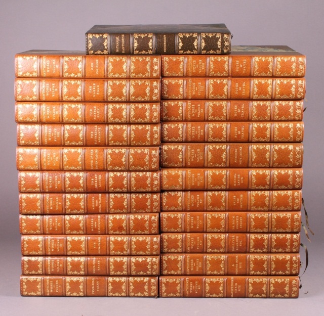 The Complete Writings of Nathaniel Hawthorne, 23 vols., 1900-1901 with 1902 biography by George E. Woodbury. Est. $1,500-$2,500. Waverly Rare Books image.