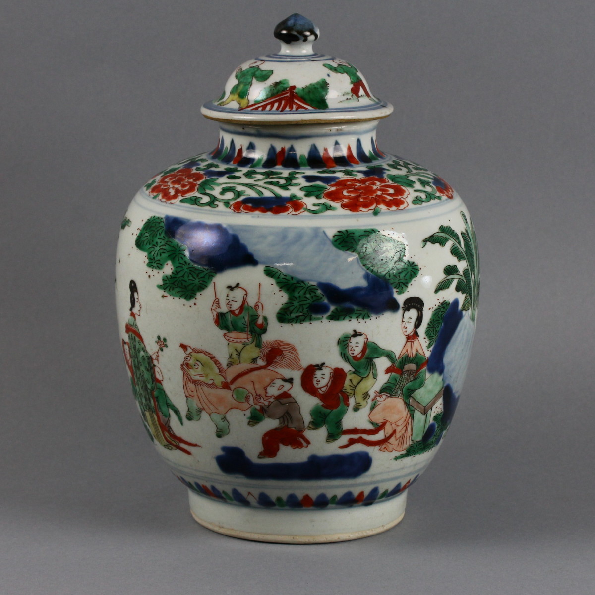 Chinese Chongzheng (1628-1643) transitional “Wucai boys” covered jar, 11½in, similar to an example that sold for HK$275,000 at Christie’s May 2012 sale in Hong Kong. Est. $3,000-$5,000. Manatee Galleries image.